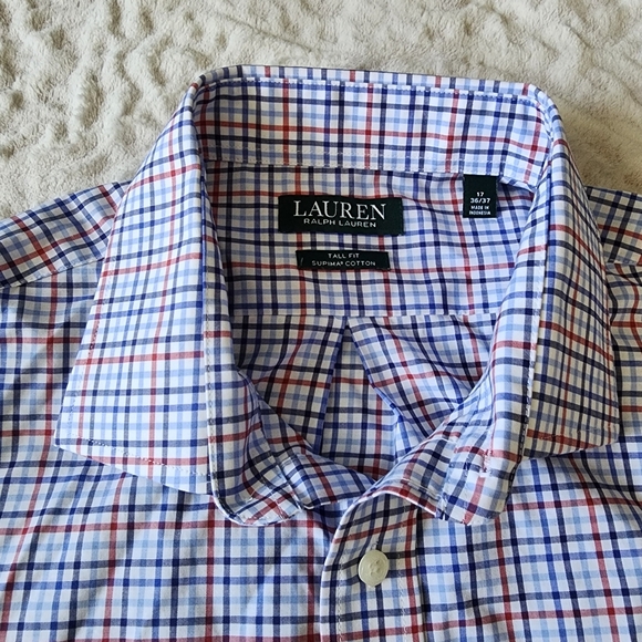 Lauren Ralph Lauren Shirt Mens Tall Fit Supima Cotton 17  36/37 Check Plaid - Picture 5 of 12